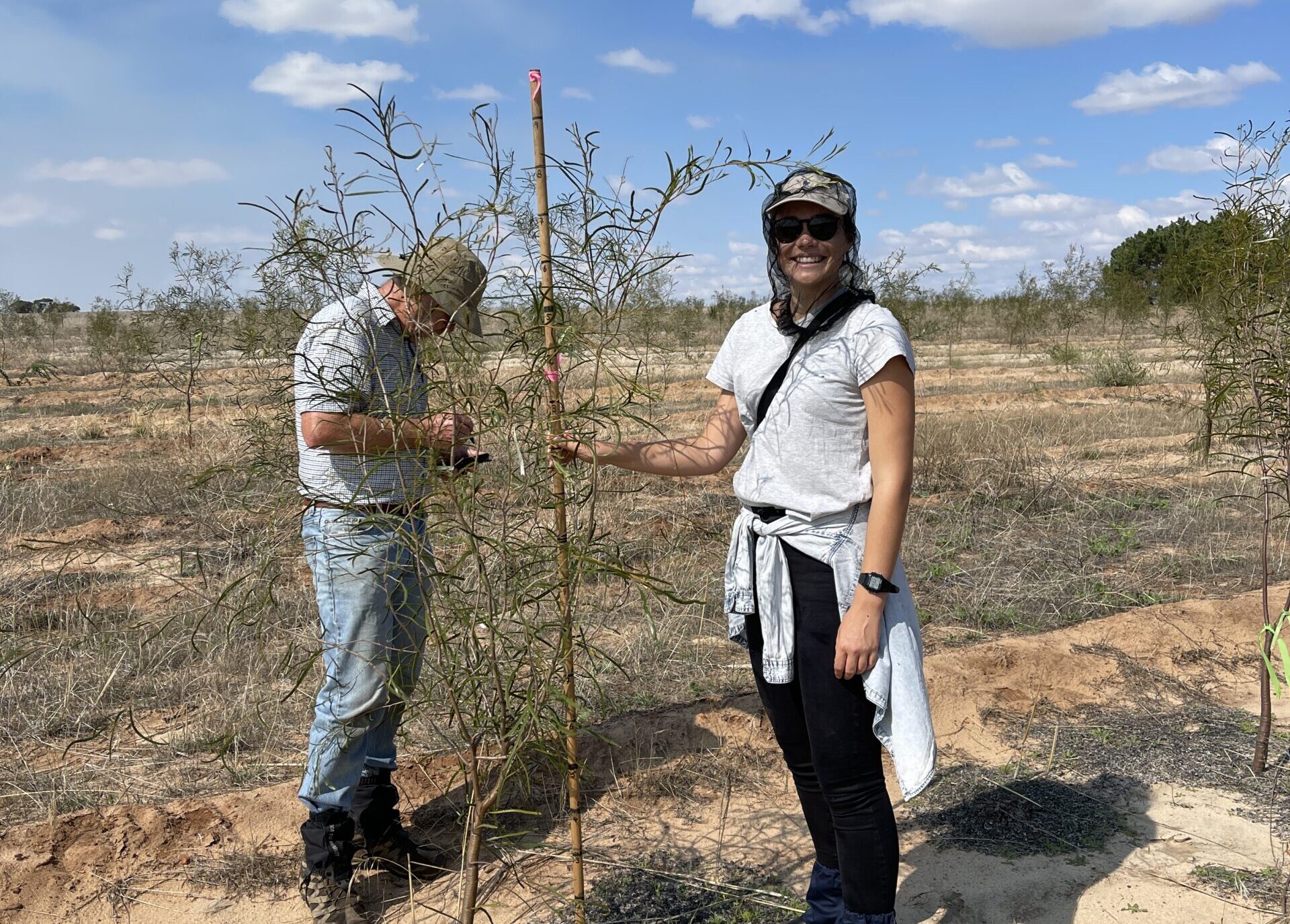 Two people standing amongst native shrubs. Girl wearing a flynet and cap holding a measuring stick next to a tall shrub (just above head height). Man in jeans and a khaki hat entering data into phone.